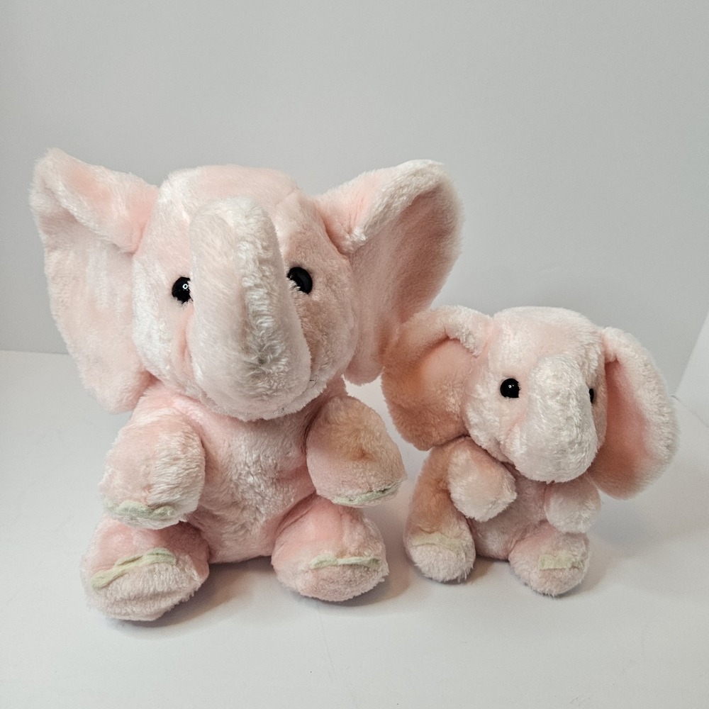 Vintage Dakin 9" Mom & 6" Baby Pink Elephants Plush Animal Big Ears 1982 RARE